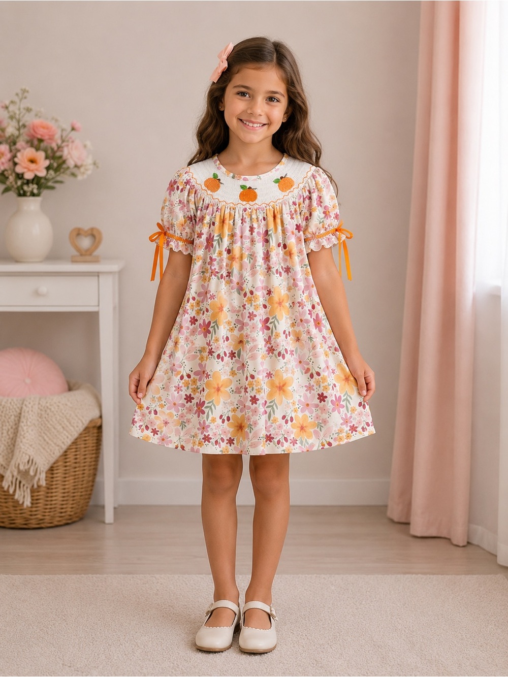 Rylee Faith Thanksgiving Pumpkin Embroidery Smocked Floral Girls Dress